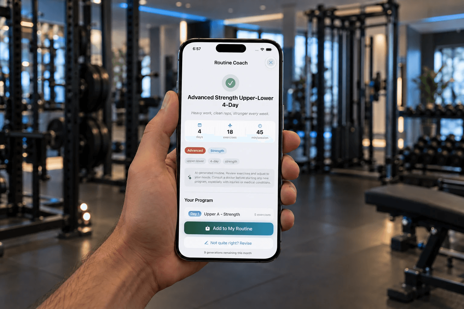 Hand holding an iPhone in a gym, showing a 4-day strength program built by Ellim's AI Routine Coach