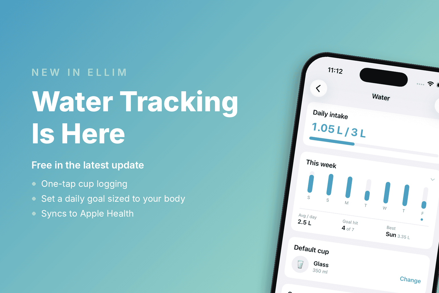iPhone showing Ellim's new water tracking screen with a daily intake bar, weekly hydration chart, and one-tap cup logging