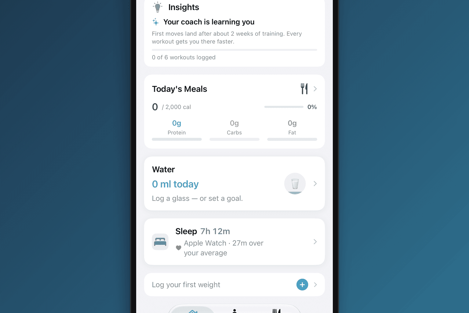 Ellim's Today tab with the new Sleep row: 7h 12m from Apple Watch, 27 minutes over your average