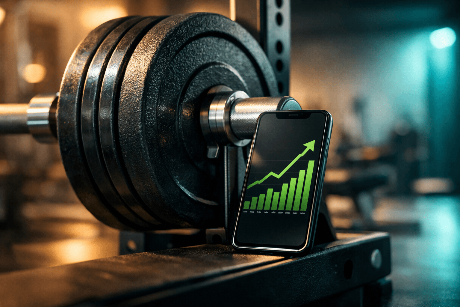 Barbell on a gym rack with a smartphone showing an upward progress chart, representing automatic progressive overload tracking